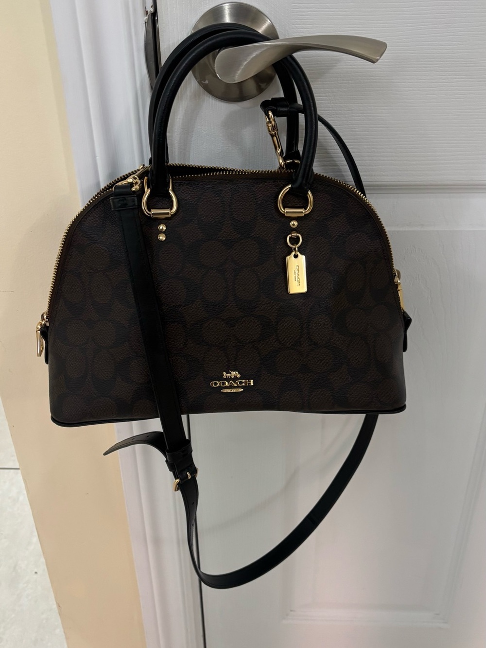 Coach Brown & Black Signature Dome Satchel with Gold Hardware
